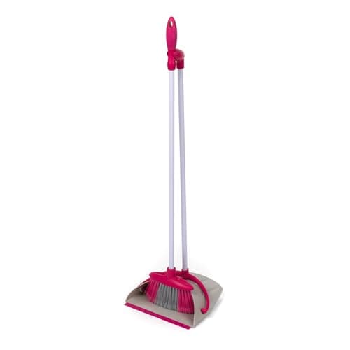 Image of Kleeneze KL062413EU Dustpan & Brush Broom Set - Long Handle, Self-Standing, Clips Together For Compact Storage, Rubber Edge Collects Dirt, Dust & Pet Hair, Use Indoor & Outdoor, Lightweight, Easy Grip