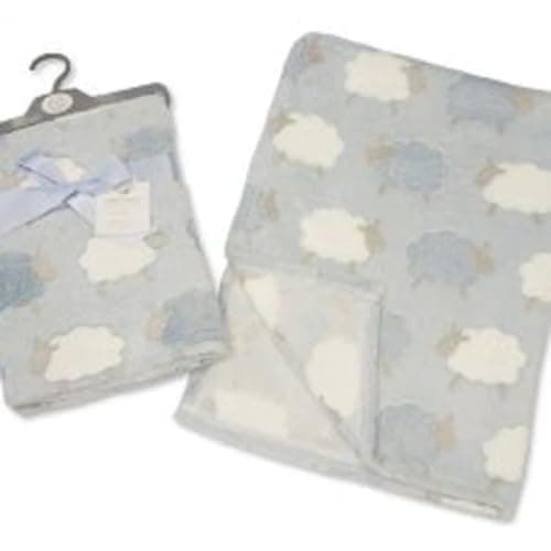 Image of Baby Boys Blue White and Grey Sheep Animals Wrap Blanket 75cm x 100cm Approx