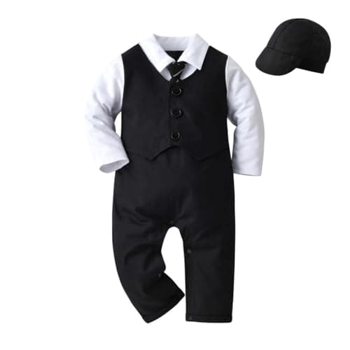 Image of Lito Angels Baby Boys Tuxedo Romper Infant Onesie Gentleman Bodysuit Formal Outfit Suit with Hat Age 18-24 Months, Black (Tag Number 95)