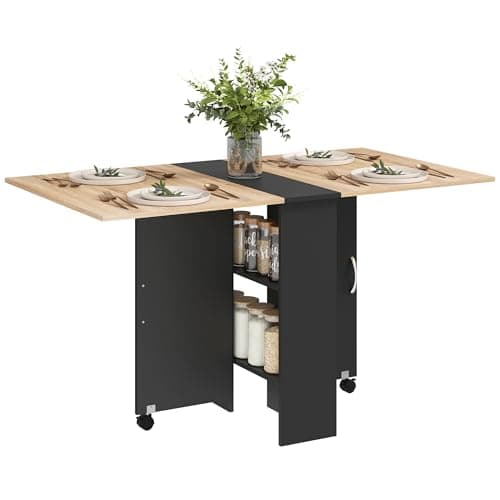 Image of HOMCOM 80-140 cm Folding Dining Table for 4-6 People, Drop Leaf Table with 2-Tier Shelves, Rolling Casters, for Small Spaces, Kitchen, Flat, Dining Room, Oak and Black