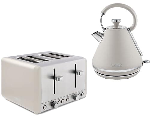Image of TOWER Cavaletto Latte 1.7L 3KW Pyramid Kettle, 4 Slice 1800W Toaster. Matching Kitchen Electrical Set in Latte with Chrome Accents