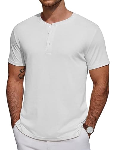 Image of COOFANDY Mens T Shirts Short Sleeve Henley Shirt Grandad Collar T Shirts Summer Cotton Tops Mens Buttoned Tee White XL
