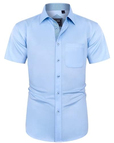 Image of J.VER Mens Shirt Short Sleeve Stretch Non Iron Formal Dress Shirt Regular Fit Business Casual Wedding Work Office Button Down Shirt Blue XL