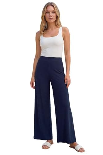 Image of Roman Women Wide Leg Trousers - Ladies Palazzo Pants Full Length Jersey Smart Casual Work Office Flared Vintage High Rise Culottes Trouser with Elasticated Waist - Navy - Size 16