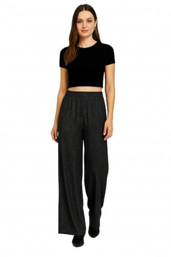 Image of Jersey Palazzo Trousers for Women Girls Shiny Sparkle Glitter Wide Leg Pants Metallic Party Lounge Wear (Black M-L Short)