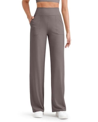 Image of G4Free Wide Leg Trousers for Women UK with Pockets High Waist Lightweight Ribbed Ladies Yoga Pants Straight Leg Joggers(Taupe, L)