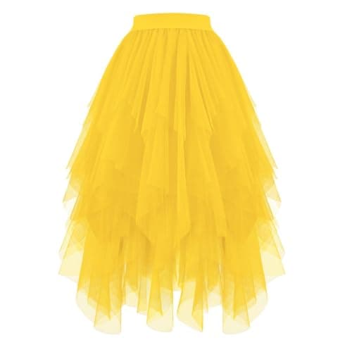 Image of JASGOOD Women's Tulle Skirt High Low Layered Irregular Ladies Elastic Waist A-Line Midi Ballet Skirt for Prom Party Daily, Yellow, S