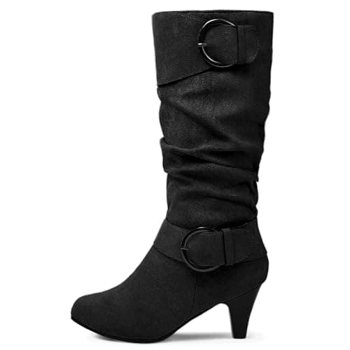 Image of Dernolsea Knee High Boots Women, Faux Suede Stiletto Kitten Heel Side Zip Calf Length Slouch Boots Black 5.5 UK