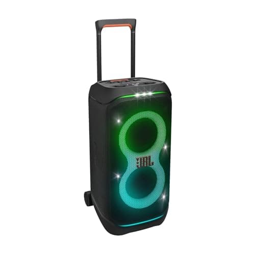 Image of JBL PartyBox Stage 320 Portable Bluetooth Party Speaker with Wheels and Telescopic Handle, JBL Pro Sound, Splashproof Design, Light Show, AI Sound Boost, 18-Hour Playtime, Black