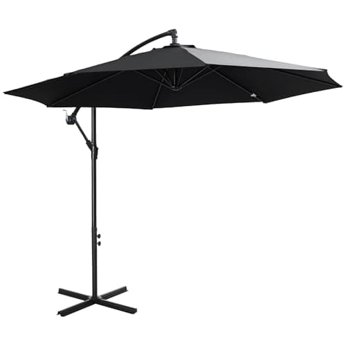 Image of Outsunny 3(m) Garden Banana Parasol Hanging Cantilever Umbrella with Crank Handle, 8 Ribs and Cross Base for Outdoor, Sun Shade, Black