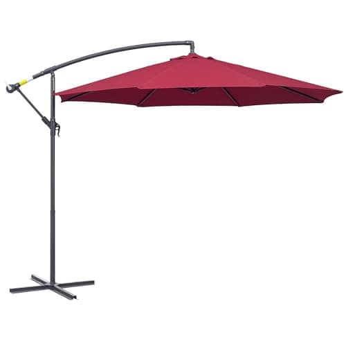 Image of Outsunny 3(m) Garden Banana Parasol Hanging Cantilever Umbrella with Crank Handle and Cross Base for Outdoor, Sun Shade, Wine Red