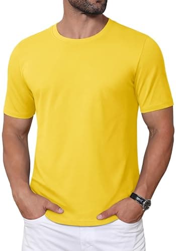 Image of MAGCOMSEN Mens T-Shirts Cotton Crew Neck Short Sleeve Top Casual Plain Tshirt Workout Gym Tee Yellow, S