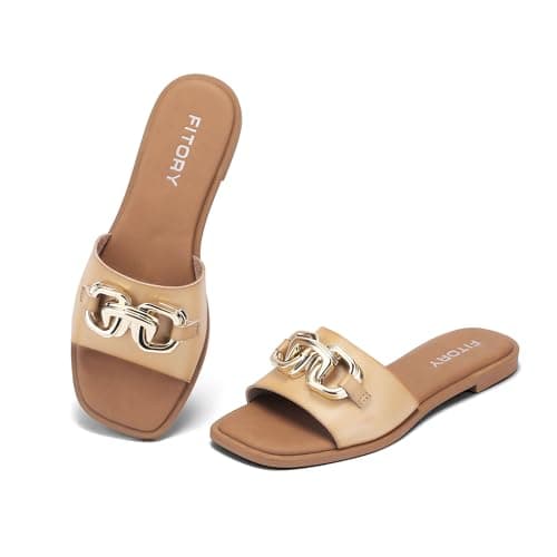 Image of FITORY Women's Flat Sandals with Gold, Casual Dressy Leather Slip on Slide for Ladies Summer Shoes Light Brown Size 7