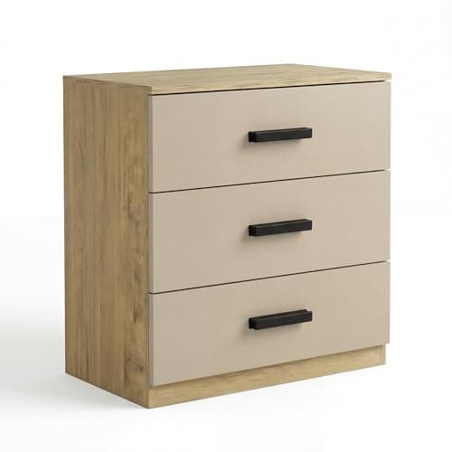 Image of Blisswood Chest of Drawers, 3 Drawer Bedroom Chest of Drawers, Chest of Draws with Smooth Metal Runners Bedside Table Cabinet for Living Room Office Hallway, 60Wx 40Dx 60H cm (Oak + Cashmere)
