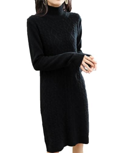 Image of 100% Pure Merino Wool Knitted Midi Dress for Women Thick Twisted Long Jumper Solid Knit Skirts Black M
