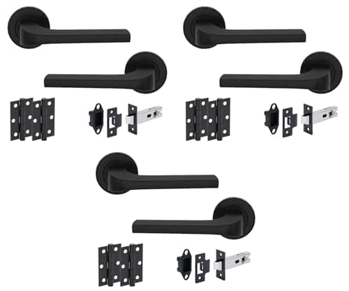 Image of Hunta HANDLEZONE® Vento Matt Black Internal Door Handle Pack - 3 Pack - Lever on Rose Set - 76mm Tubular Latch (57mm Backset) & 2 Ball Bearing Hinges - Passage for Internal Wooden Doors