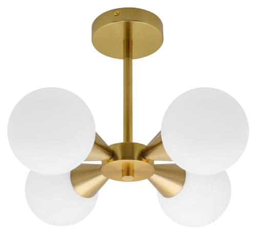 Image of Antique Brass Pendant Light Cluster, Opal Globes Ceiling Light, 4 Frosted Glass Lamp Shades H3115