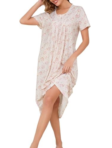 Image of Vlazom Women's Long Nightgown Pleated Casual Nightdress Short Sleeve Soft Nighties Nightwear with Pockets,Pink Flower,M