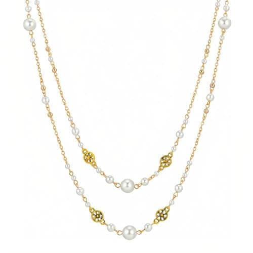 Image of KRENIE Long Gold Pearl Necklace for Women – Elegant Layered Statement Necklaces – Long Vintage Costume Pearl Chain Necklaces – Boho Fashion Women Jewelry for Party Wedding