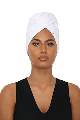 Image of Sapphire Collection Hair Drying Towels, 100% Pure Terry Towel Cotton Soft Hair Towel Wrap Hair Twist Turban Towel Absorbent Hair Cap Head Wrap Spa Towels with Loop & Button for Long Hairs (White)