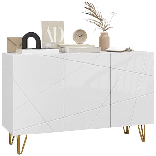 Image of HOMCOM Storage Cabinet with High Gloss, Freestanding Sideboard with Adjustable Shelves, Soft-Close Doors and Gold Tone Hairpin Legs for Living Room, Dining Room, Hallway, White
