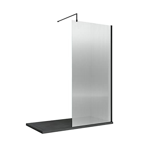 Image of nuie WRFL18580BP Fluted Modern Bathroom 8mm Toughened Safety Glass Wetroom Screen with Bar, 800mm, Satin Black