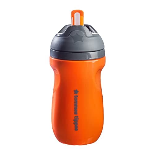 Image of Tommee Tippee Insulated Non-Spill Straw Cup, 12m+ Toddler Training Drinking Bottle, 100% Leak Proof, Sporty Carry Handle, BPA Free, 9oz, Orange