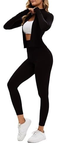 Image of Belriviere Womens Two Piece Tracksuit Set Long Sleeve Zipper Jacket with Athletic High Waist Leggings Workout Set M Black