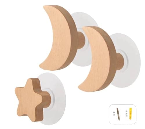 Image of MERRIYARD Door Hooks,Coat Hook,Self Adhesive,3pcs Wood Wall Decorative Hat Star Moon Shape Mounted Hanger Clothes(B 3pcs)