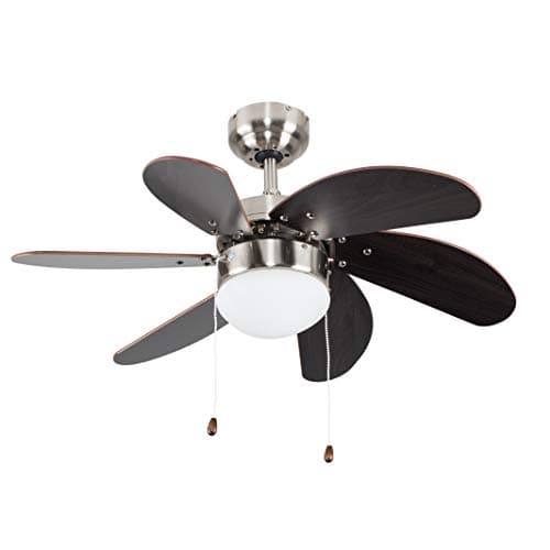 Image of MiniSun | 30" / 76cm Silver Chrome and Wood Ceiling Fan with Flush Light | Home Décor, Bedside & Desk Lamp | Mains Wired