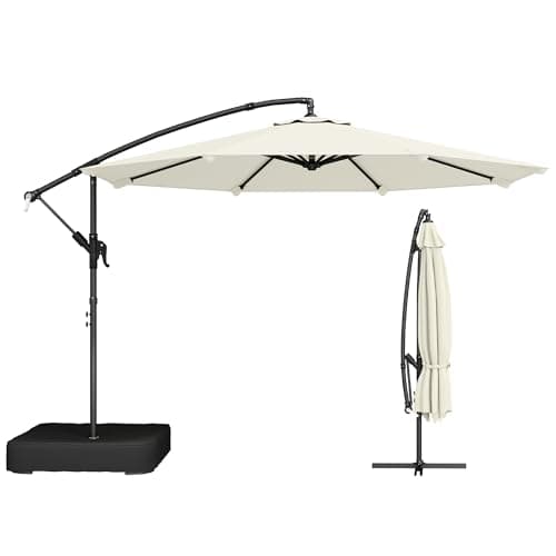 Image of Outsunny 3 m Garden Cantilever Parasol with Cross Base and 80 kg Fillable Sandbag, 360° Rotating Overhanging Umbrella with Crank Handle, Banana Patio Umbrella for Outdoor Sun Shade, Cream White