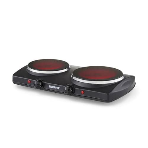 Image of Geepas Double Ceramic Hot Plate – Portable Infrared Electric Hob Cooker - Double Burner Camping Hob Cooktop, Dual Adjustable Temperature, Overheat - Great to use at Campsites Caravan - 2000W, Black