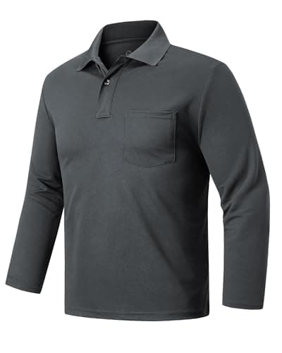 Image of Outdoor Ventures Men's Long Sleeve Polo Shirt UPF50+ Breathable Golf Polo Moisture Wicking Quick Dry T Shirt Stretch Sports Athletic Tennis Performance Polo Lightweight Casual Work Top Dark Grey L