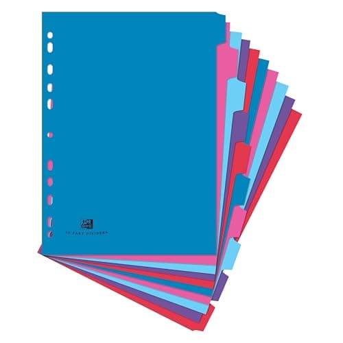 Image of Oxford Campus A4 Size, 10 Part Divider, Multi-Coloured Card Index Dividers for Ring Binders & Lever Arch Files, School Office Filing