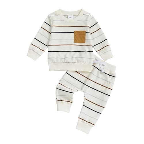 Image of Geagodelia Toddler Boys Winter Clothes Sets Striped Long Sleeve Sweatshirt and Sweatpants Tracksuit Cute Newborn Baby Boy Coming Home Outfits (White, 0-6 Months)
