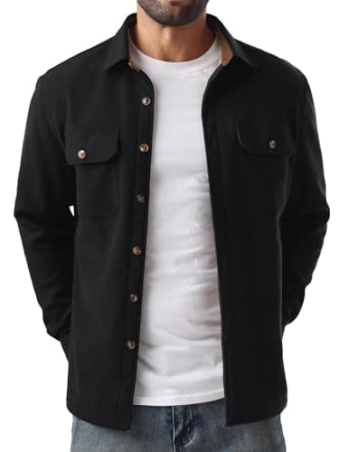 Image of QIXING Men's Fleece Lined Corduroy Shirt Button Down Long Sleeve Jacket Trucker Overshirt Autumn Winter Coats with Flap Pockets (Black, XXL)