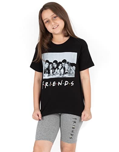 Image of FRIENDS Pyjamas For Girls | Kids Portrait Black T Shirt With Charcoal Logo Cycle Shorts | TV Show Loungewear Merchandise 13-14 Years