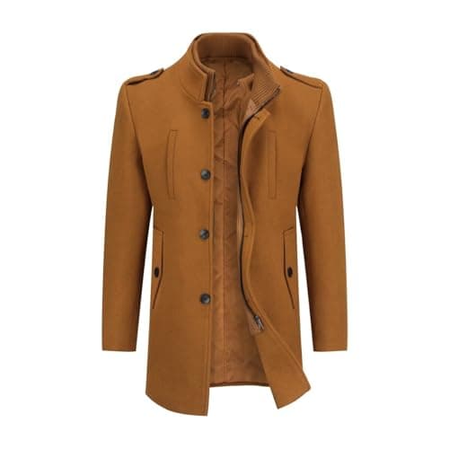 Image of Allthemen Men's Winter Wool Coat Trench Mid Length Overcoat Jacket Slim Fit Casual Coat Brown S