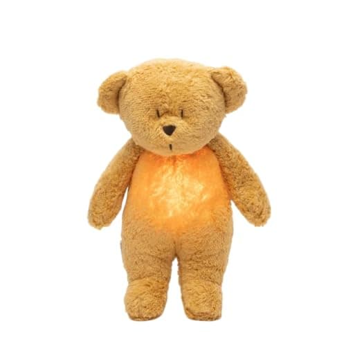Image of Moonie 2.0 Organic Humming Bear with Night Lamp – Honey | Soothing White & Pink Noise Sleep Aid for Babies | Voice Recording | Rechargeable, GOTS Certified Cotton | Calming Plush for Newborn & Toddler