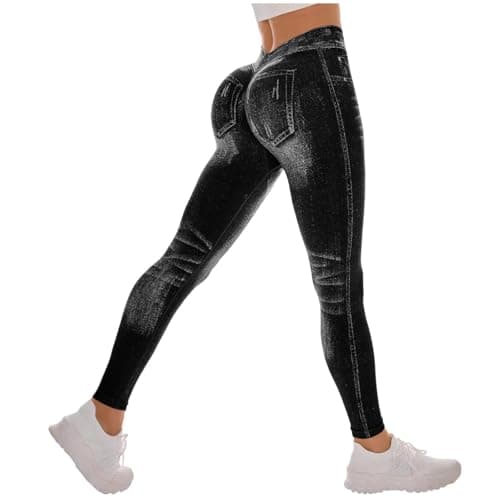 Image of Pants for Women Black Denim Jeggings for Women Butt Lifting Tummy Control High Waist Sports Trousers Seamless Fashionable Yoga Pants Elastic Gym Tights M