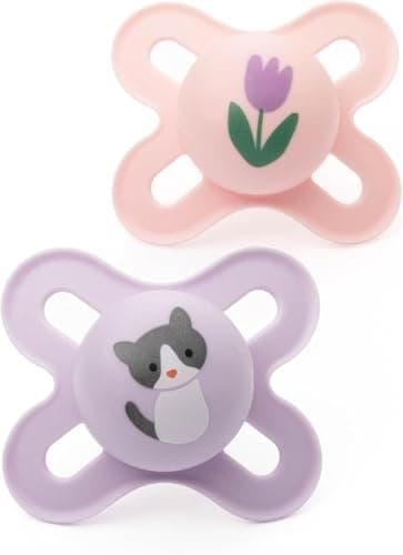 Image of MAM Original Start Soothers | 0-2 Months | 2 Pack | Newborn Dummies | Comes in Dummy Steriliser Case | Sustainable Materials | Baby Accessories for Newborn | Pink/Lilac (Various Designs)