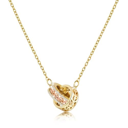 Image of Linawe Citrine Yellow Gold Necklace for Women, Hypoallergenic Stainless Steel Chain, Interlocking Double Circle Moissanite Imitation Diamond Birthstone Rhinestone Cubic Zirconia Pendant