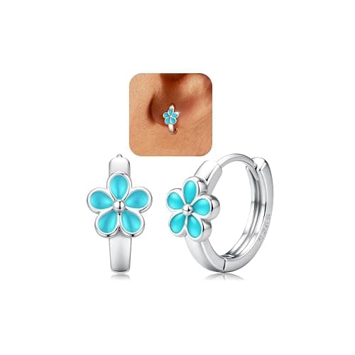 Image of MILACOLATO 925 Sterling Silver Flower Hoop Earrings for Women Girl 18K Gold Sleeper Hoop Earring Hypoallergenic Small Silver Huggie Earrings Pink Blue White Daisy Earring Gift for Christmas Birthday-F