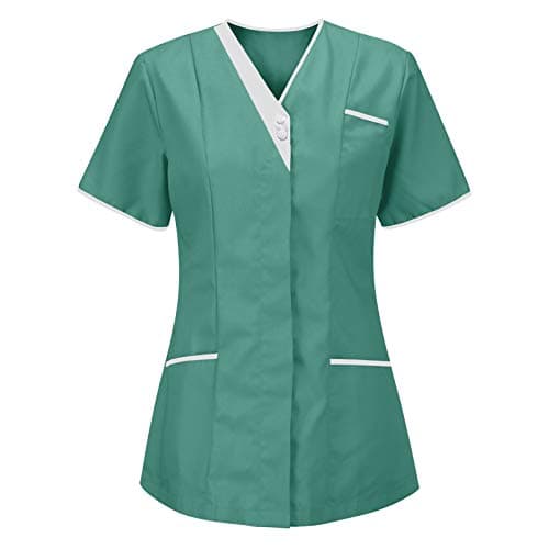 Image of Nurse Uniforms Mock Wrap Classic Fit Beauty Salon Utility Shirt Nurses Top Healthcare Tunics Nurse Uniforms Women UK Workwear Nursing Short Sleeve Uniform Care Work Shirt Carers Uniform Mint Green