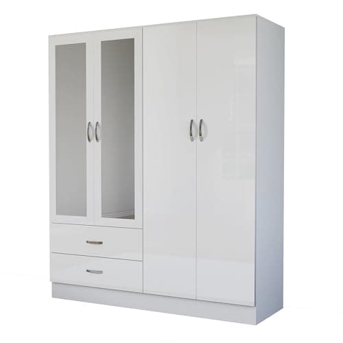 Image of Nera High Gloss 4 Door Wooden Wardrobe with Mirror and Drawers for Bedrooms Storage (Gloss White(Matt White))