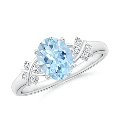 Image of Aquamarine Oval 8x6mm Criss-Cross Anniversary Ring | Sterling Silver 925 With Rhodium Plated | Wedding, Anniversary And Engagement (White, R)