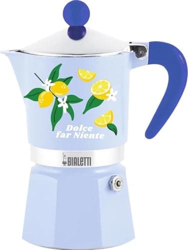 Image of Bialetti Moka Rainbow Dolce Far Niente 3 Cup Coffee Maker Blue with Lemons Aluminum 130 ml Manual Espresso Coffee Preparation