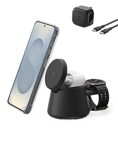 Image of Belkin Ultracharge 3-in-1 Wireless Charging Station w/USB C Port for Smartwatch (watch charger not included), Qi2.2 Magnetic Charger 25W for Samsung S26, Galaxy Watch, Apple Watch, with 45W Adapter