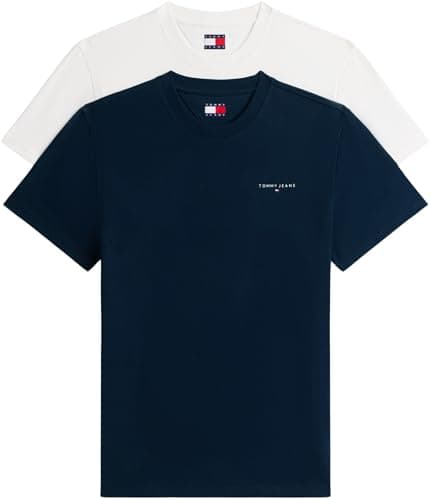 Image of Tommy Jeans Men's TJM Slim Linear Ss Tee 2Pck Ext Dm0Dm22316 S/S T-Shirt, Multi (Ecru/Dark Night Navy), M