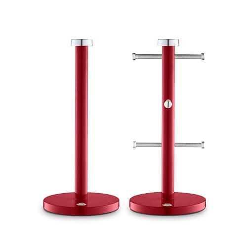 Image of Swan Townhouse Kitchen Towel Pole and 6 Mug Tree Set with Colour Coated Iron, Chrome Accents and Weighted Bases, Red
